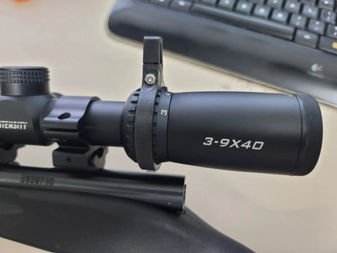 Carbon Fiber Scope Throw Lever For 3 9x40 Scopes, Ultra Lightweight, Custom 3D Printed Fit For Rimfire And Centerfire Rifles, Stronger Than Aluminum, Guaranteed Fit shown on scope