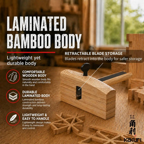 Laminated bamboo body of Top Tier Japanese Marking Gauge Double Blade Kebiki Scribe Tool with retractable storage.