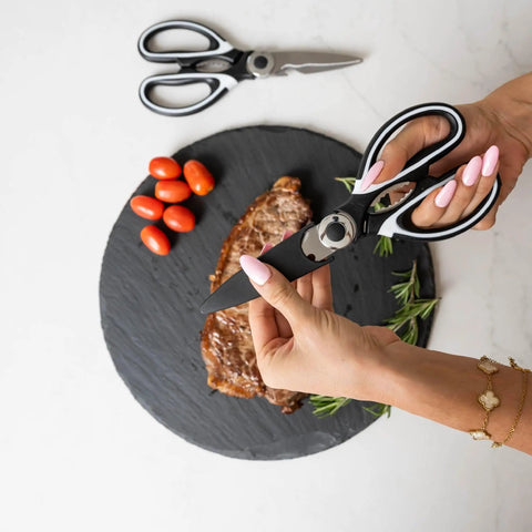 Heavy Duty Kitchen Shears With Built In Sharpener Multipurpose Stainless Steel Scissors For Food Prep Meat Seafood Poultry Veggies And More Durable Cutters With Lifetime Replacement Warranty, black and white handles