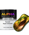 Top Tier Automotive Color Shift Paint Basecoat And Midcoat Blend One Gallon Kit Ready To Spray Straight With Smooth Slow Reducer Additive with green-gold color sample.