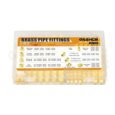Brass Pipe Fittings 104 Piece Assortment Kit with Reducing Adapters, Hex Nipples, Female Couplings, and 90-Degree Elbows in case