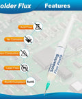 Soldering Flux Paste syringe on circuit board with features: acid-free, no corrosion, non-conductive, lead-free, RoHS compliant.