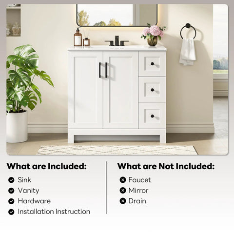 Modern 36 Inch Bathroom Vanity With Integrated Sink And Effortless Soft Close Drawers White Engineered Wood Cabinet in stylish bathroom setting.