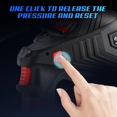 Heavy Duty Rechargeable Electric Hydraulic Cable Lug Crimper button for pressure release, ergonomic design for easy handling.