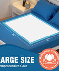 Ultra Absorbent 30x36 Disposable Bed Pads With Rapid-Dry Core And Waterproof Backing For Overnight Leak Protection, showing size and placement on a bed.