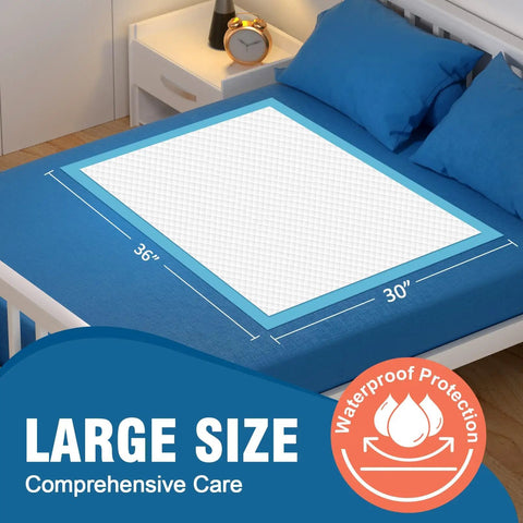 Ultra Absorbent 30x36 Disposable Bed Pads With Rapid-Dry Core And Waterproof Backing For Overnight Leak Protection, showing size and placement on a bed.