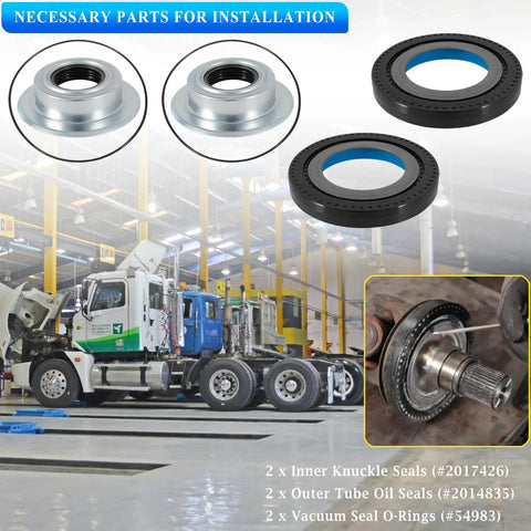 Rock Solid Front Axle Knuckle Vacuum Seals And Hub O Rings With Tube Dust Seal Kit For Ford Super Duty parts assembly in workshop.