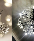 Modern Firework Crystal Dandelion Chandelier Pendant Lighting For Living Room Bedroom Dining Hallway 19 Light Black Ceiling Fixture With Adjustable Rods, showcasing elegant crystal design from below