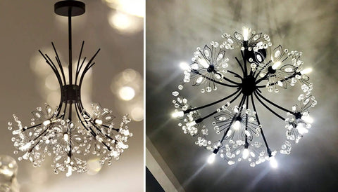 Modern Firework Crystal Dandelion Chandelier Pendant Lighting For Living Room Bedroom Dining Hallway 19 Light Black Ceiling Fixture With Adjustable Rods, showcasing elegant crystal design from below