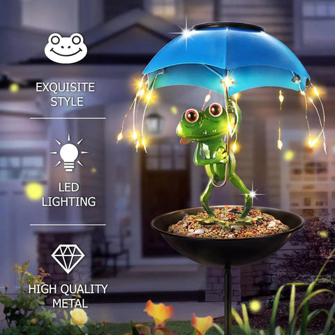 Totally Solar Frog Bird Feeder With Umbrella Garden Solar Powered Lights For Yard Decor Outdoor Hummingbird Feeder Ornament