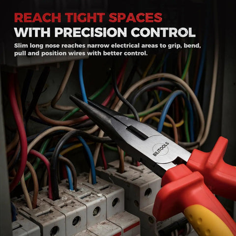 Insulated Needle Nose Pliers, 6 Inch, 1000V VDE Certified, Cr V Steel, Long Narrow Jaws For Tight Spaces, Reaches Into Electrical Boxes And Dense Panels, Pro Grade Tool For Electricians And Wiring Bundles in an electrical panel