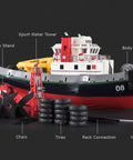 Dope Seaport Style RC Tug Boat With Water Sprayer 2.4GHz Remote Control Harbor Fire Rescue Ship detailing and accessories displayed