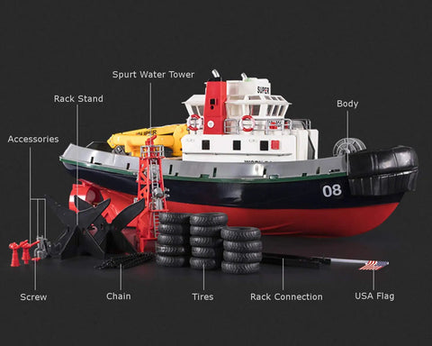 Dope Seaport Style RC Tug Boat With Water Sprayer 2.4GHz Remote Control Harbor Fire Rescue Ship detailing and accessories displayed