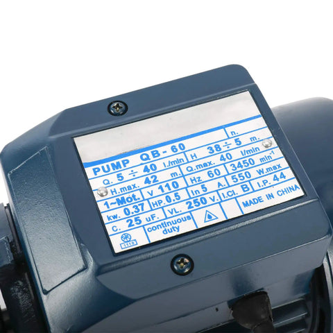 Nameplate details on Heavy Duty Half Horsepower Electric Centrifugal Water Pump for Pools and Ponds, 370 Watt, 110 Volt, 60 Hz, Pre Filter.