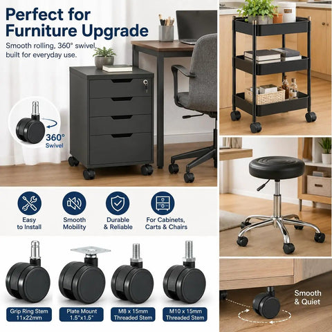 Heavy Duty 2 Inch Caster Wheels 360 Degree Swivel Black Furniture Casters With M8 And M10 Threaded Stem For Furniture