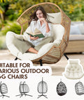 Outdoor Hanging Egg Chair Cushion Replacement Thick Waterproof Cushion With Headrest Pillow Cream Comfy Fits Most Egg Chairs 43.3 by 39.3 by 7 Inches U Shaped Lounger Cushions for Swing Chairs shown installed in wicker chair with person lounging.