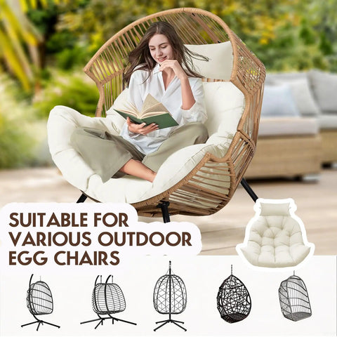 Outdoor Hanging Egg Chair Cushion Replacement Thick Waterproof Cushion With Headrest Pillow Cream Comfy Fits Most Egg Chairs 43.3 by 39.3 by 7 Inches U Shaped Lounger Cushions for Swing Chairs shown installed in wicker chair with person lounging.
