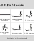 FastTrack Garage Wall Mounted Storage Kit with four rails and eleven hooks layout view