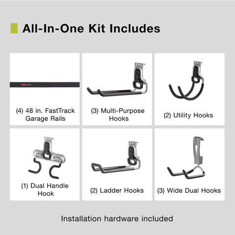 FastTrack Garage Wall Mounted Storage Kit with four rails and eleven hooks layout view