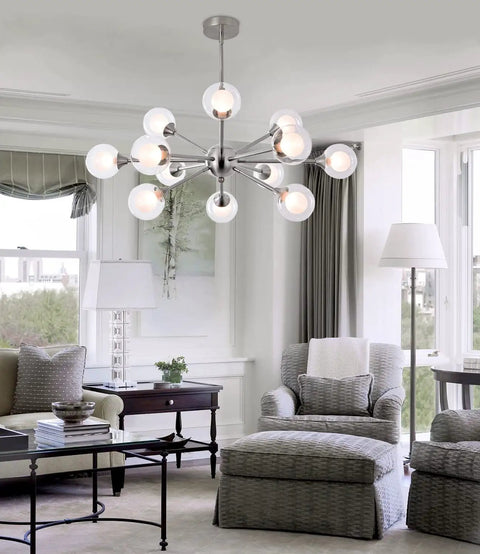 12 Lights Sputnik Chandelier Brushed Nickel With Glass Ball Orbs Modern Ceiling Pendant Lighting in living room setting