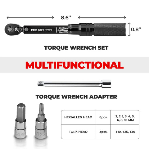 Pro Grade Bike Torque Wrench Set With 2 To 20 Nm Micro Adjustable Torque And Zero Point One Nm Precision adapter and dimensions