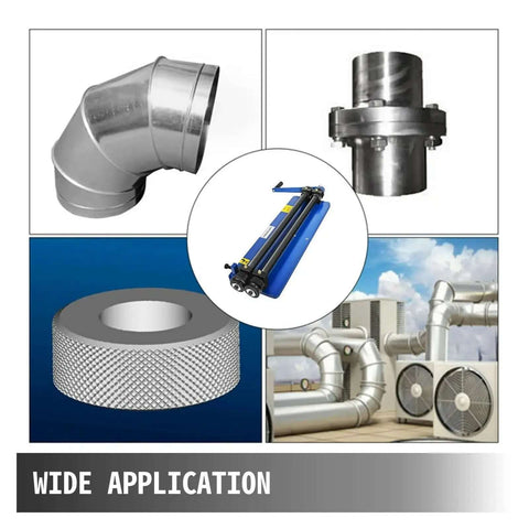 18 Inch Sheet Metal Bead Roller With Six Die Sets for Strengthening Ribs in Navy Finish, shown with applications and components