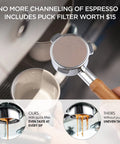 Person using Bottomless 54mm Portafilter for Espresso Machines with Puck Filter included, showing even extraction.