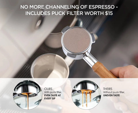 Person using Bottomless 54mm Portafilter for Espresso Machines with Puck Filter included, showing even extraction.