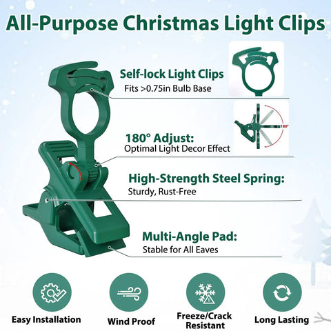 100Pcs Self Locking Heavy Duty Christmas Light Clips with multi-angle pad and steel spring for C7 C9 E12 E17 bulbs