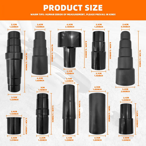 10 Piece Universal Vacuum Hose Adapter Set For Shop Vac, various sizes, black ABS material, connectors shown with measurements.
