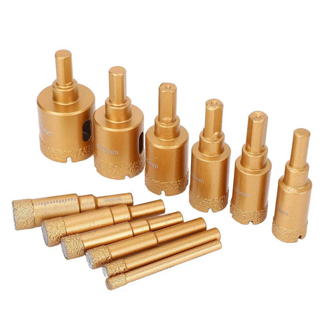 Get The Ultimate 12-Piece Hole Saw Kit With M10 Drill Bits For Ceramics Brick And Glass Plus Dry Wet Drilling Capability Using High Speed Steel Core Bits In Sizes From 6-35MM Perfect For Pros And DIYers Akin To A Total Game Changer. Gold HSS hole saw kit with M10 drill bits, assorted sizes