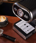 Italian Style 1L Semi Automatic Home Coffee Maker with Full Temperature Control on a kitchen counter, next to espresso setup.
