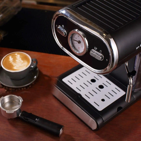 Italian Style 1L Semi Automatic Home Coffee Maker with Full Temperature Control on a kitchen counter, next to espresso setup.