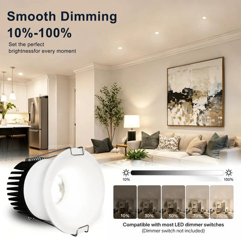 Eclatune 3 Inch LED Recessed Lighting with Junction Box LED Downlight dimming features in a modern living room, showcasing adjustable brightness.