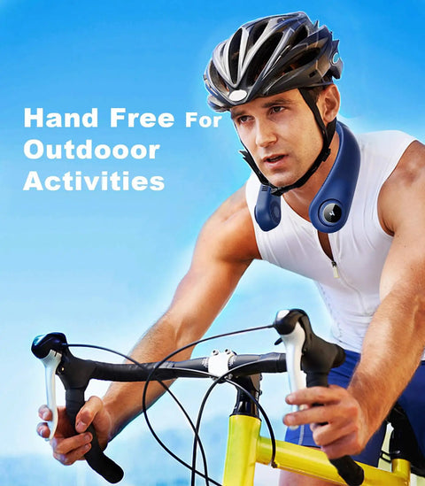 Cyclist wearing Neck Fan With LED Display And Hands Free Design, Five Speed Bladeless Personal Cooler for outdoor activities
