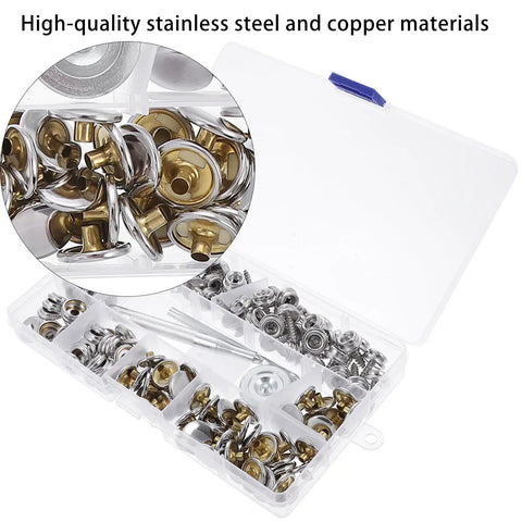 Real Deal Canvas Tarp Snap Kit Featuring Rust Resistant Marine Fasteners With 10 MM And 15 MM Screw Snap Buttons and quick setting tool in storage case.