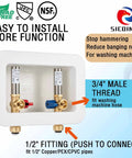 Washing Machine Outlet Box With Water Hammer Arrestor And 1/4 Turn Ball Valves, Easy Install, 1/2 Inch Push To Connect, 3/4 Inch Male Thread.