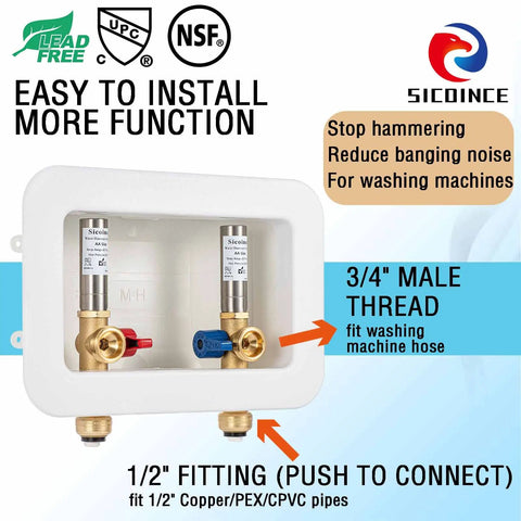 Washing Machine Outlet Box With Water Hammer Arrestor And 1/4 Turn Ball Valves, Easy Install, 1/2 Inch Push To Connect, 3/4 Inch Male Thread.
