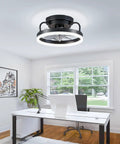 Low Profile 12 Inch Black Ceiling Fan With Lights Flush Mount Bladeless Fandelier for bedroom installed in modern office