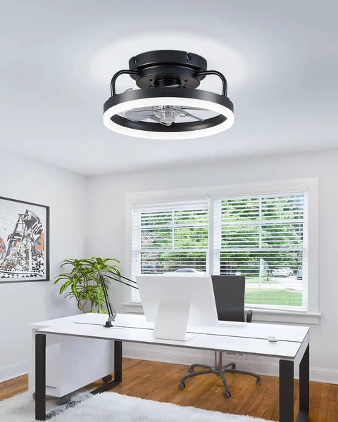 Low Profile 12 Inch Black Ceiling Fan With Lights Flush Mount Bladeless Fandelier for bedroom installed in modern office
