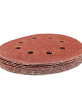 Grab These Awesome 50 Piece 5 Inch Sanding Discs With Eight Holes For Rock Solid Wood Metal Paint Smoothing stack of red abrasive pads.