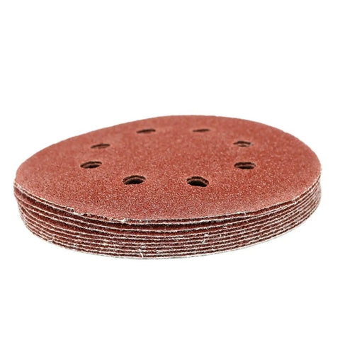 Grab These Awesome 50 Piece 5 Inch Sanding Discs With Eight Holes For Rock Solid Wood Metal Paint Smoothing stack of red abrasive pads.