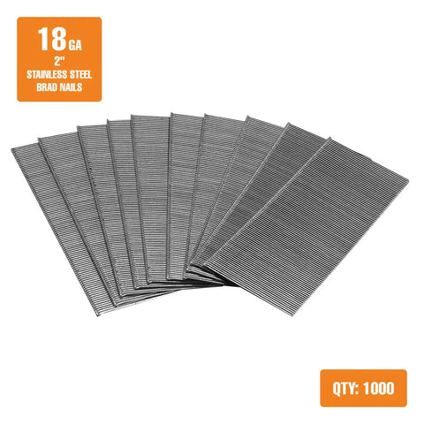 Stainless Steel 18 Gauge Glue Collated Brad Nails 2 Inch 1000 Count displayed in fanned arrangement.