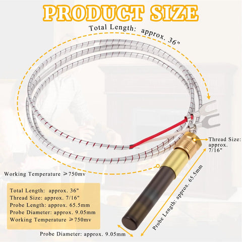 Front view: five-pack 36-inch thermopile with braided stainless sheath, red lead, fork terminal for gas appliances