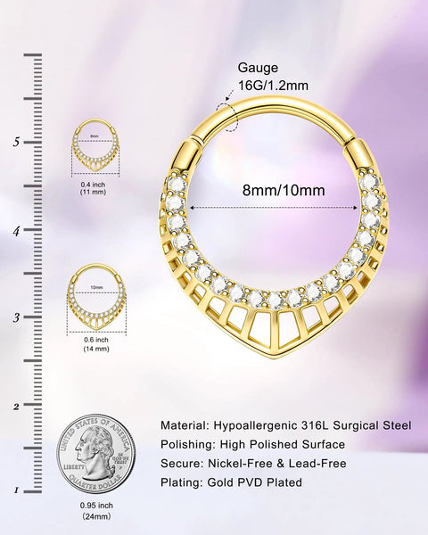 Gold 16G teardrop septum ring with V-shaped openwork bar and CZ stones, 316L surgical steel, 8mm/10mm, hypoallergenic, for women.