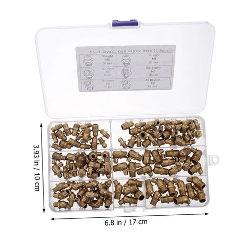 Copper Grease Fitting Assortment Kit With Straight And 45 Degree Nipples Pro Grade Heavy Duty Storage Box Open View