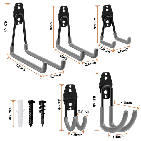 Heavy Duty Steel Garage Hooks Pack Of 10 For Organizing Power Tools Ladders Bikes And Bulk Gear With Ultra Secure Hold And Easy Wall Mount Storage System shown in various sizes with screws and wall plugs