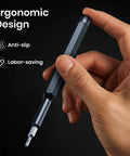 Hand holding ergonomic screwdriver from 38 In 1 Precision Screwdriver Set With Magnetic Pad Mini Repair Tool Kit for electronics repair.