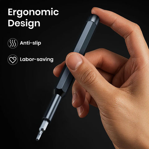 Hand holding ergonomic screwdriver from 38 In 1 Precision Screwdriver Set With Magnetic Pad Mini Repair Tool Kit for electronics repair.