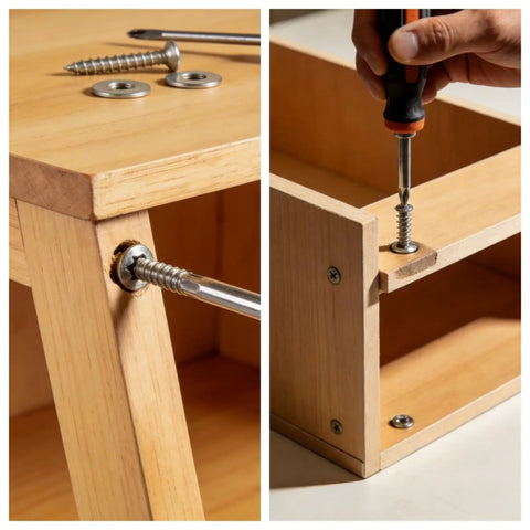 Bed Frame Bolts And Nuts Kit For Wood Furniture, 10 Piece M6 X 45mm Barrel Bolts shown being installed on wooden furniture